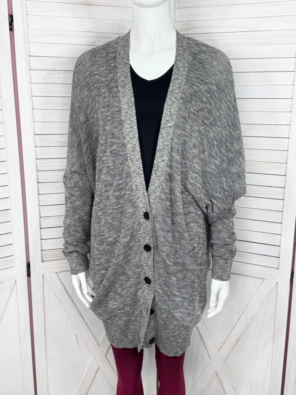 American Vintage V Neck Button Up Cocoon Cardigan Sweater Grey Medium Slouchy